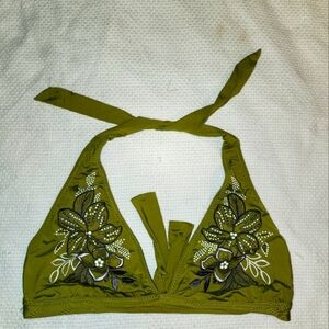 BECCA Two-Tone Embroidered Bikini Top in Olive and Navy Size L